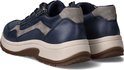 Achterkant van blauwe leren Rieker sneakers met ritssluiting en grijze accenten.