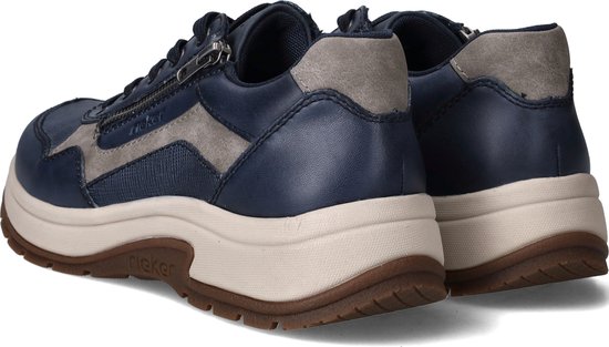 Achterkant van blauwe leren Rieker sneakers met ritssluiting en grijze accenten.