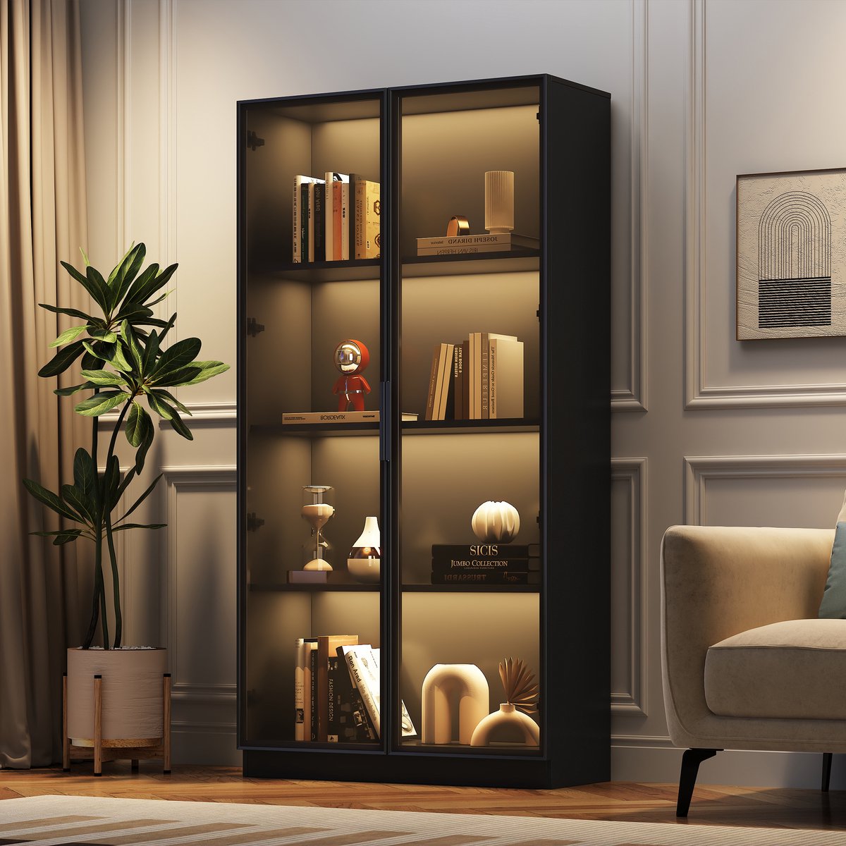 HAUSS SPOLE Vitrinekast - App-Gestuurde LED En Verstelbare Planken - Dubbele Glasdeuren Met Aluminiumframe - Spaanplaat - 80x40x160 cm - Zwart
