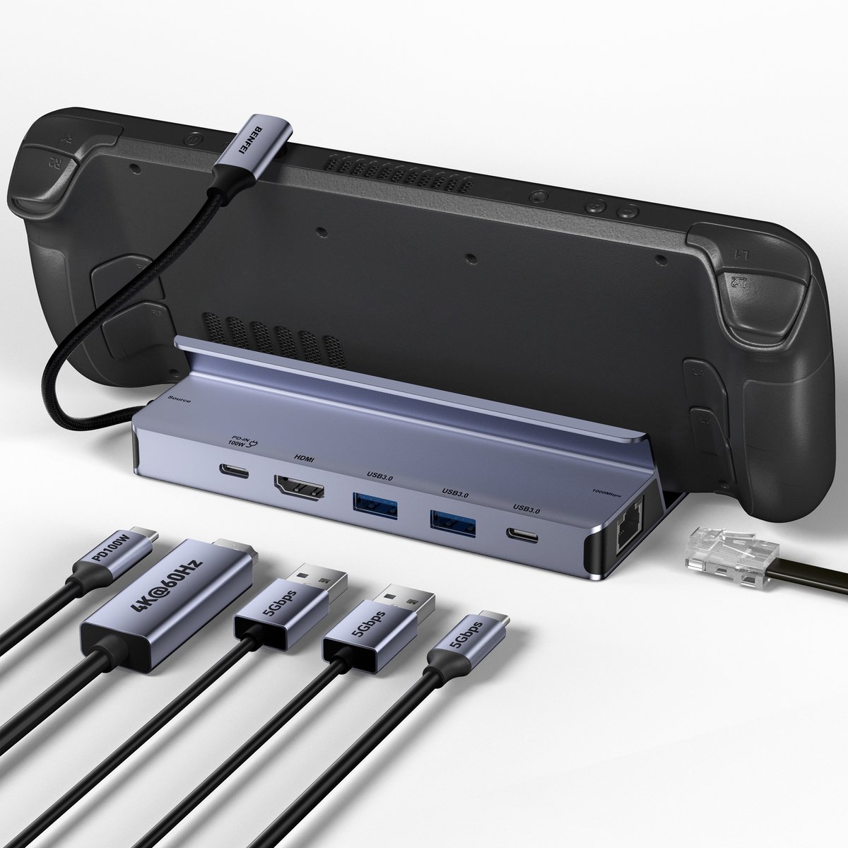 Benfei 6in1 Hub - Geschikt Als Steam Deck Dock - 4K 60hz HDMI - 100w PD - 1000 Mbps RJ45 - USB C 5 Gbps - 2x USB 3.0 5 Gbps
