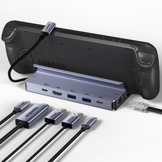 Steam Deck in grijze dock, met kabels voor USB-C PD 100W, 4K@60Hz HDMI, USB-C 5Gbps, 2x USB-A 5Gbps, en ethernet.