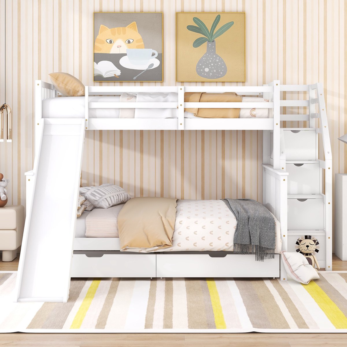 Stapelbed 90x200 en 140x200 cm Zonder Matras Dubbel Bed Met Glijbaan Opbergruimte En Lade Voor Kinderkamer Hout Wit