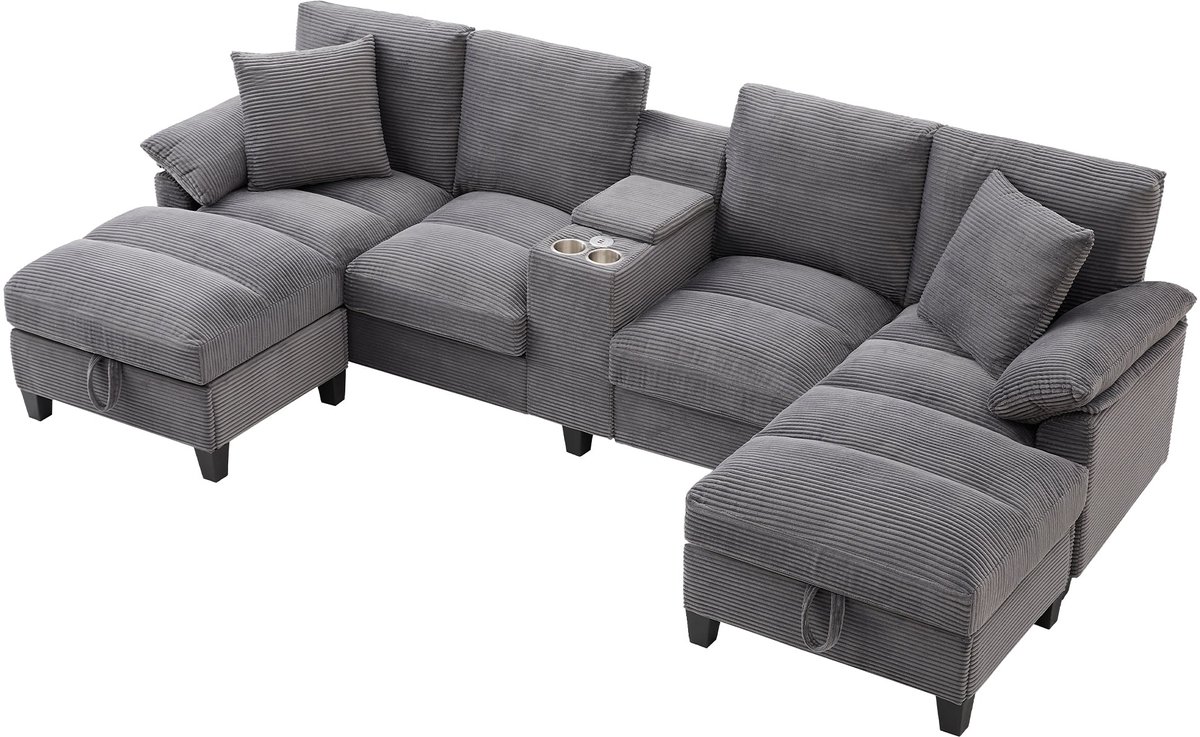 Merax U-vorm 4-zits Bankstel met Opbergruimte - Hoekboek met USB Aansluiting en Bekerhouders - Ribcord - 293x142x93 cm - Grijs