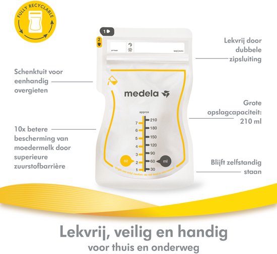 Medela Moedermelk Bewaarzakjes – 50 stuks – Lekvrij – Met Dubbele Sluiting en Schenktuit – BPA‑vrij en recyclebaar