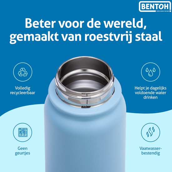 BentOH! RVS Waterfles 350ml Kinderen & Volwassenen - Blauw - Anti-overloop & Lekvrij – Met Eén Hand te Openen – BPA-vrij & Vaatwasserbestendig