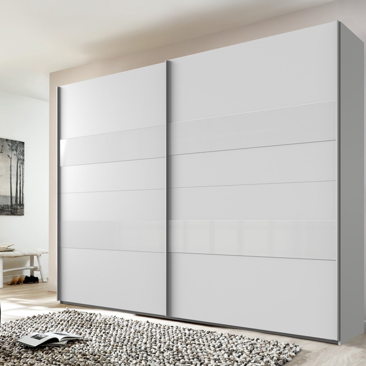 Kledingkast Mierlo - Hout - Wit - 225x208x65 cm (BxHxD) - Schuifdeuren - Hang-legkast - Met 4 Legplanken en 2 Roedes