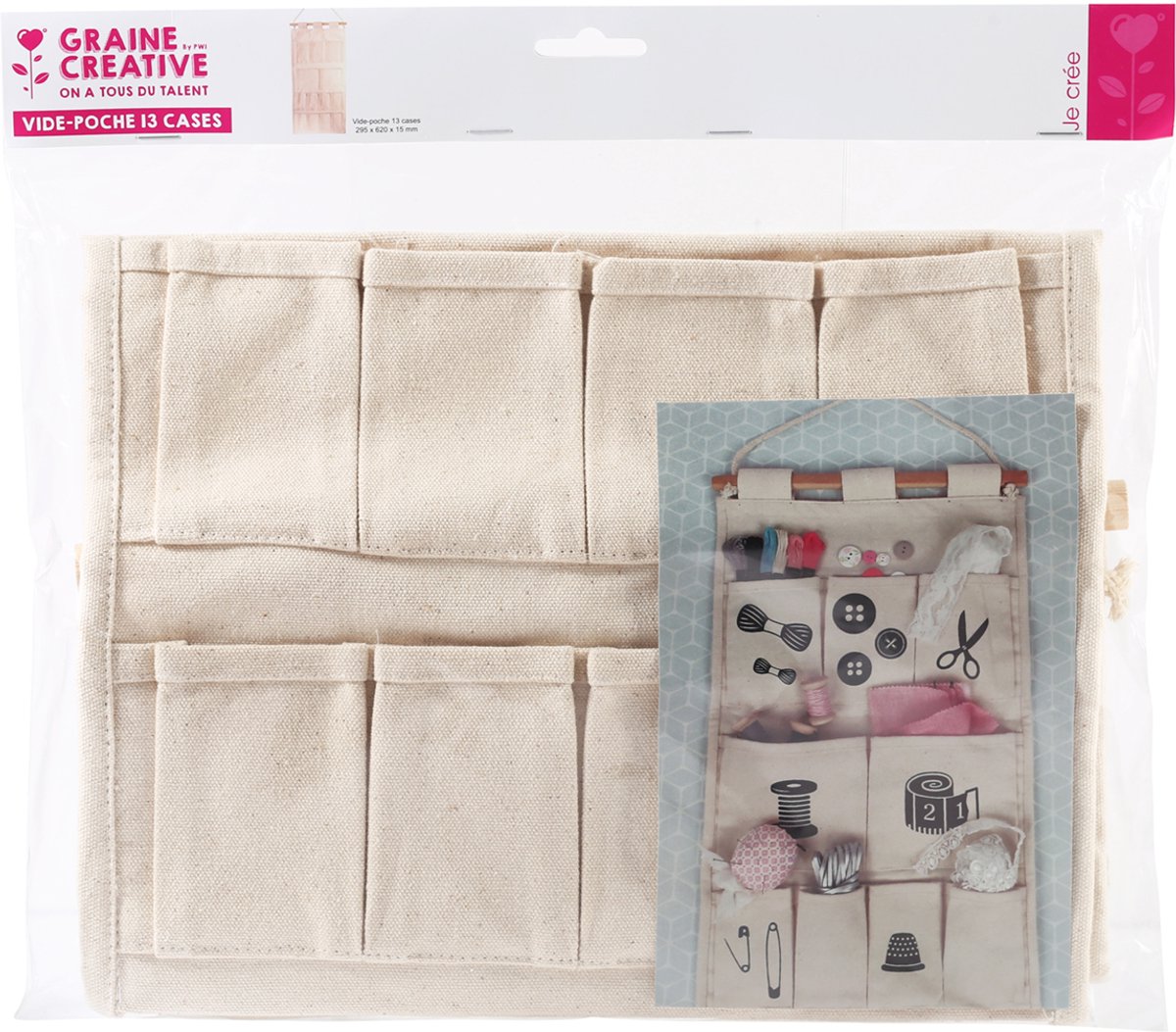 Graine Creative Organizer hangend canvas 29,5x62 cm 13 vakken opbergen.