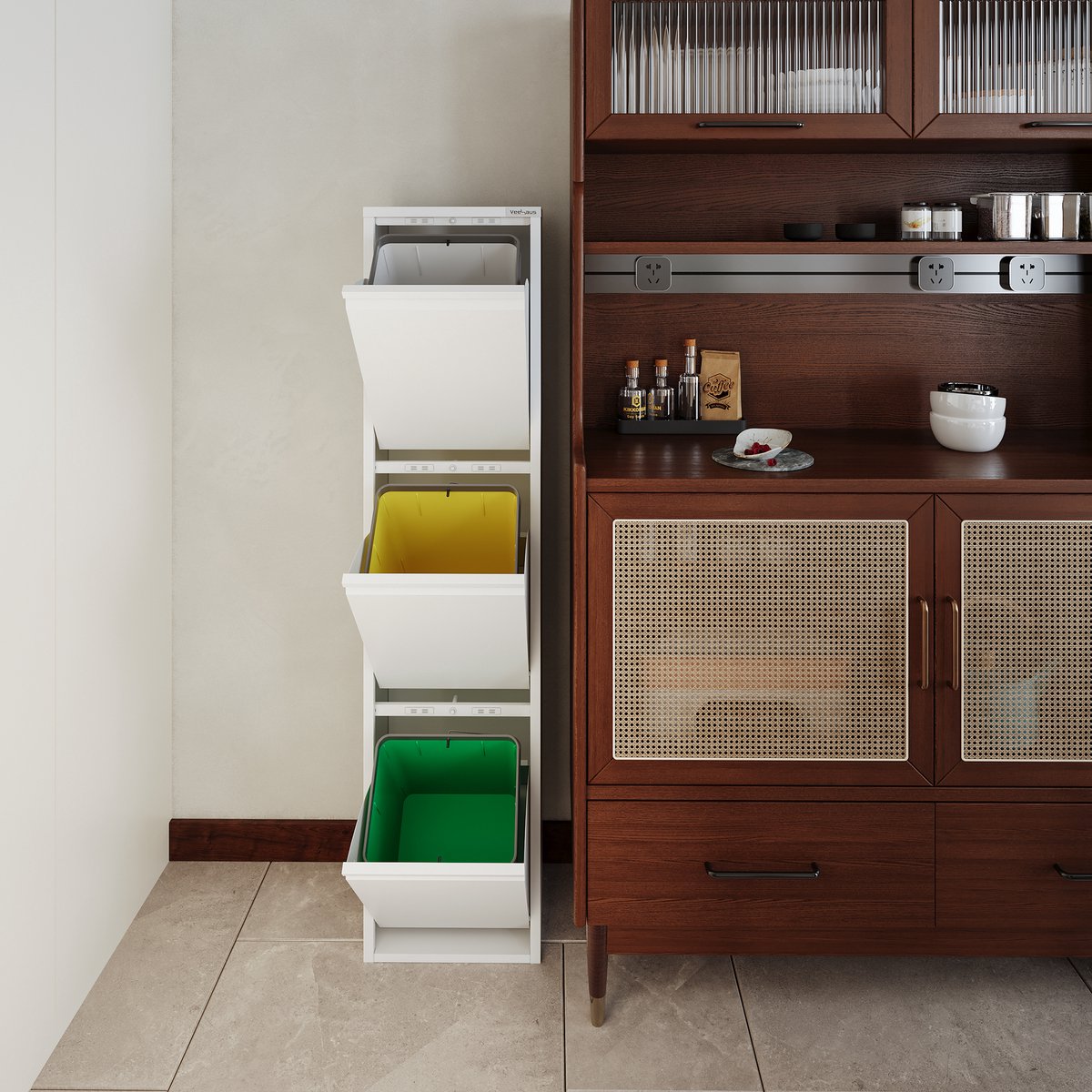 VEEHAUS – Monstera - Prullenbak 3 vakken – Afvalemmer 45 Liter (3x 15L) – Wit – Hygiënisch Recyclen - 3-vaks Prullenbak Afvalscheiding – Afvalbak Metaal - Afval Scheiden - Prullenbak