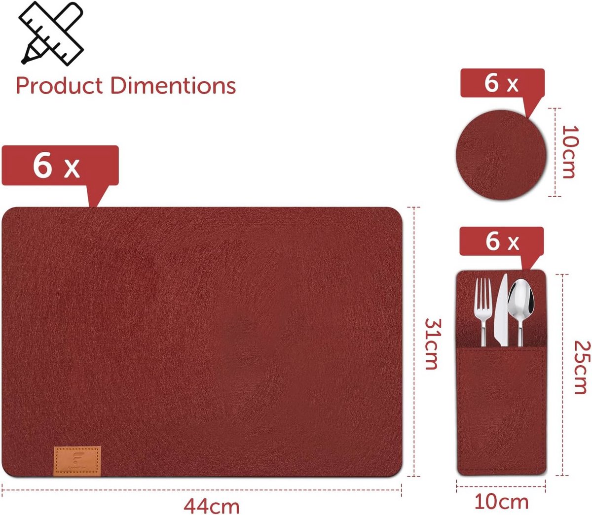 Vilt placemats set van 18, afwasbaar, hittebestendig en antislip voor eettafel - 44 x 31 cm, bordeauxrood — cadeau in Wonen & Interieur - foto 7