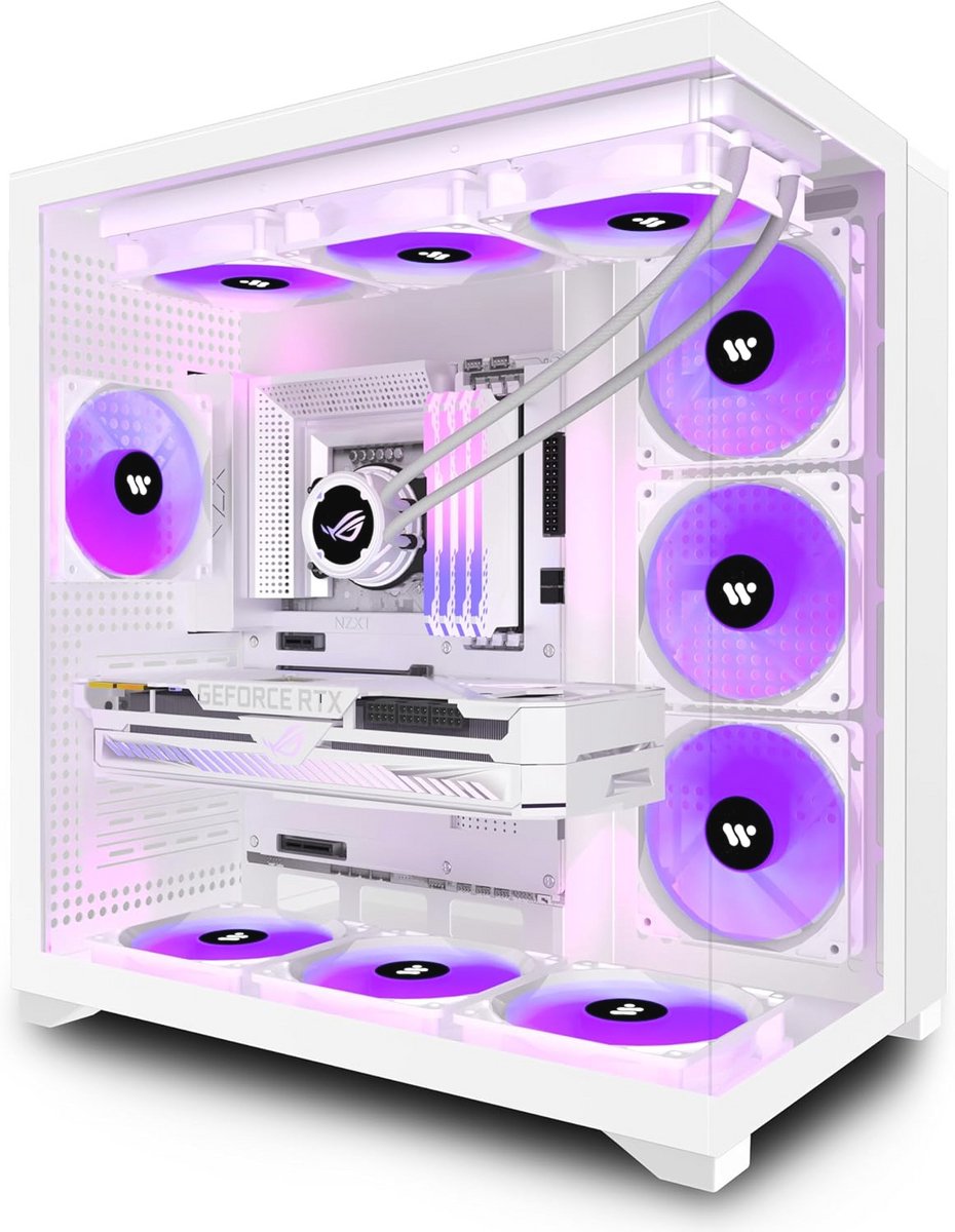 Gaming PC Behuizing ATX-Tower met Gehard Glas en 9 ARGB-Ventilatoren - Wit