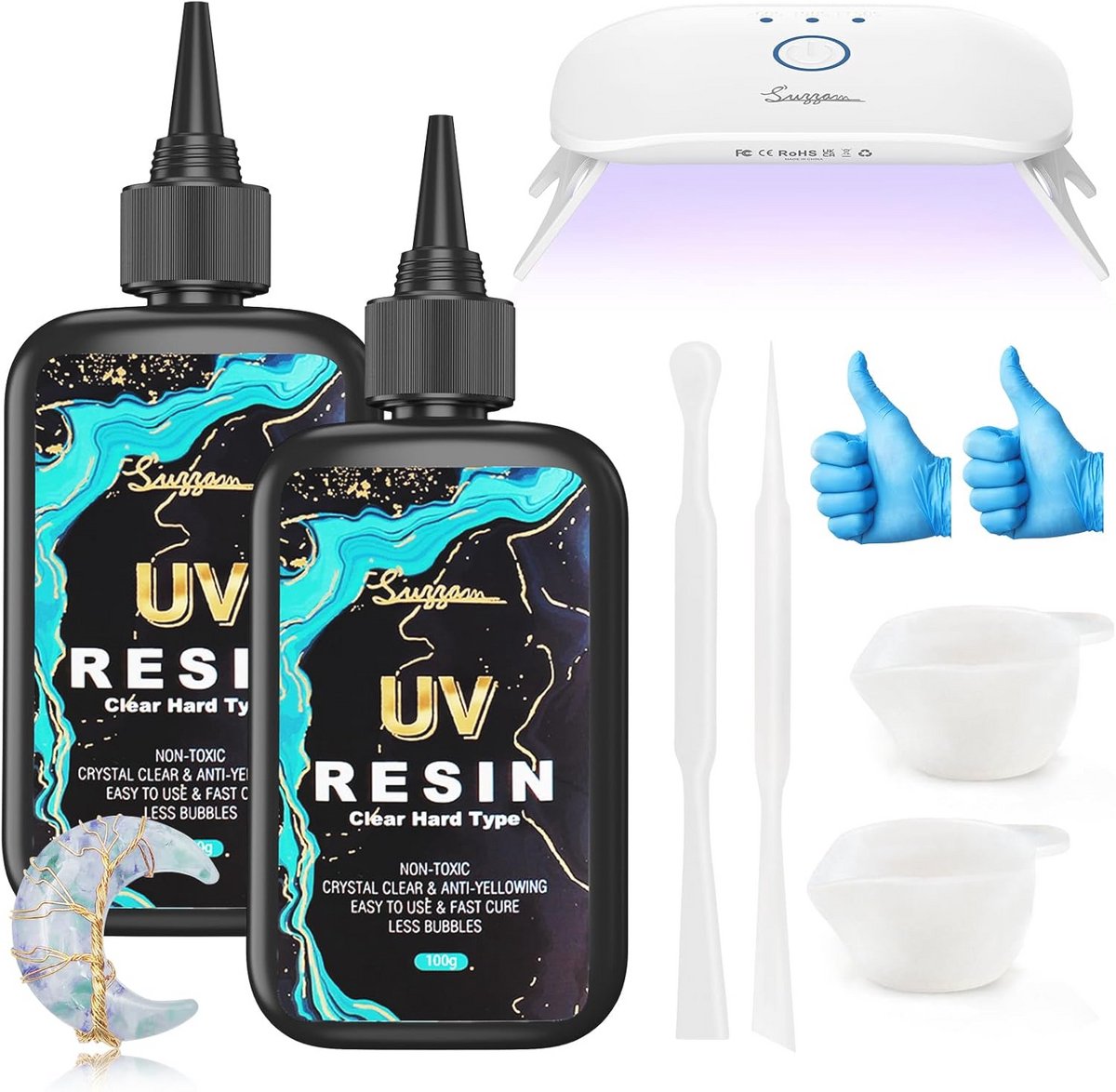UV Hars Set voor DIY Sieraden en Kunstprojecten - 200g Helder UV Hars met UV Lamp - Eenvoudig te Gebruiken, Geurloos, Niet-Giftig