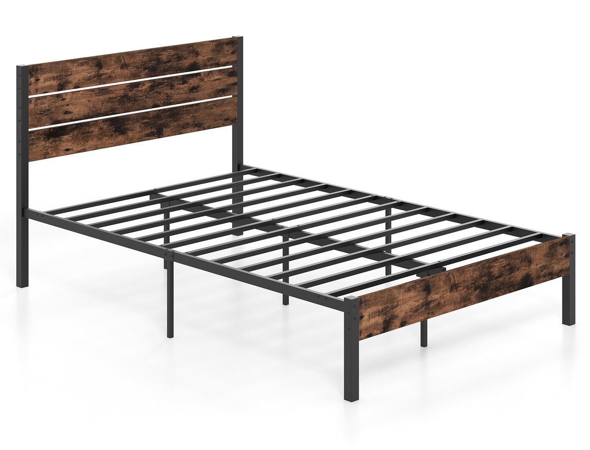 Costway Metalen bedframe voor matrassen van 200 x 140 cm, dubbel bedframe met lattenbodem en opbergruimte onder het bed, metalen platformbed, logeerbed, industriële matrasbasis Bruin