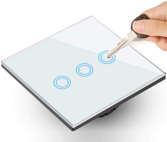 Witte aanraakschakelaar met drie blauwe cirkels, een sleutel raakt het scherm aan.