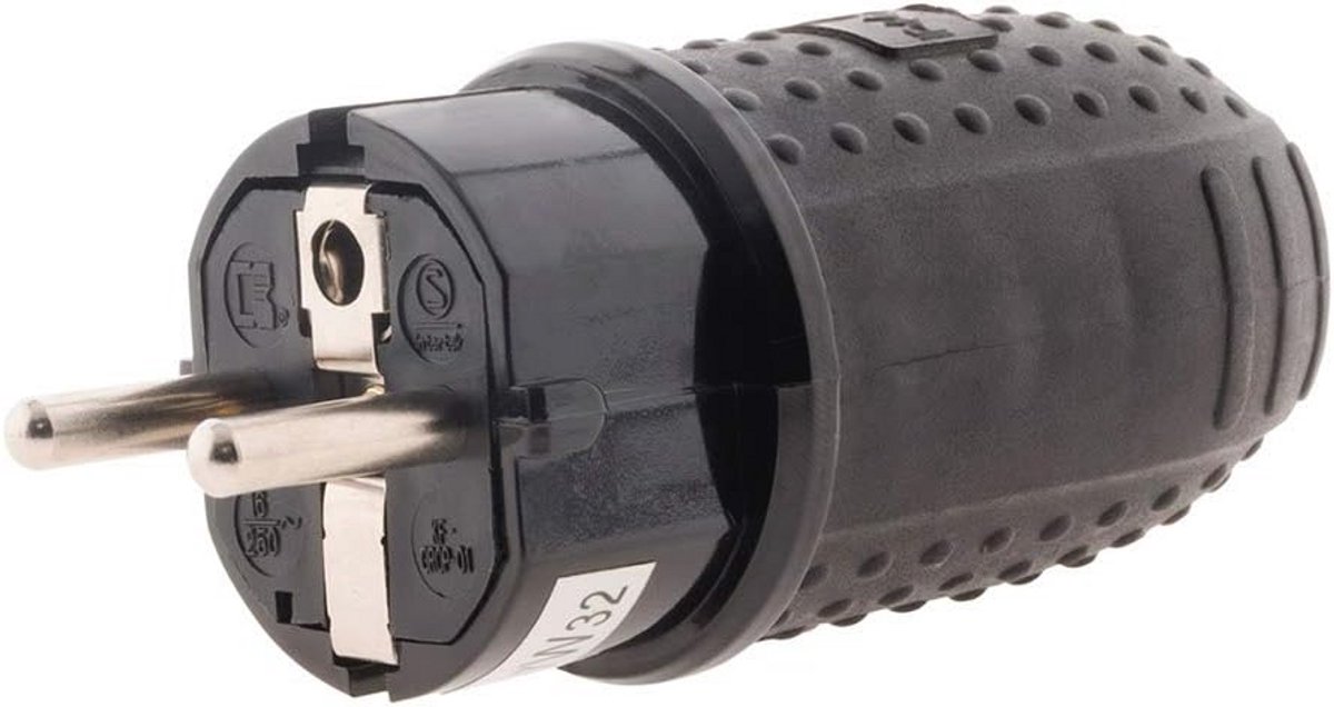 Mannelijke Rubber Plug 16A Waterdicht IP44 - Elektrische Kabel met Striptang - Maximale Vermogen 3680W - Gecertificeerd - Zwart - 0,3m