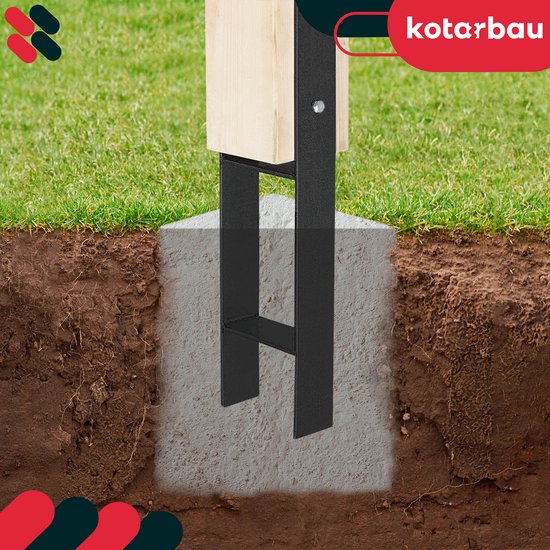 KOTARBAU® H Instortanker - Paalhouder in Beton Storten 160 x 600 mm 6 Stuks - Betonanker voor Houten Palen - Paaldrager Beton - Kolomvoet Beton - Gepoedercoat Staal — afbeelding 4