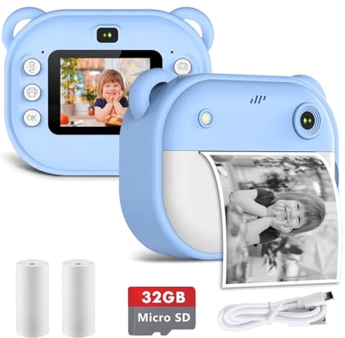 Kinder-instantcamera, 1080p HD digitale camera, geschikt voor jongens en meisjes, inclusief 32 GB geheugenkaart en printpapier - blauw