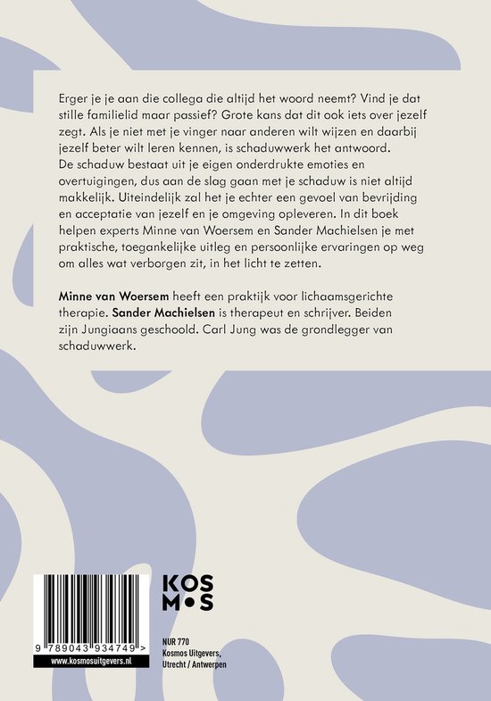 Boekomslag met tekst over schaduwwerk. Achtergrond met paarse en witte golven. Streepjescode en logo Kosmos Uitgevers.