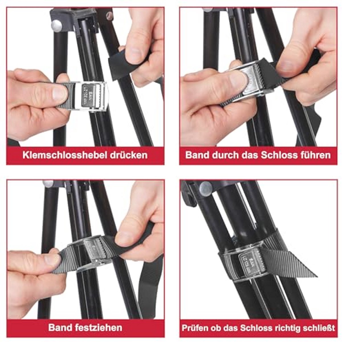 Set van 6 sjorbanden met klemsluiting - 250 kg belastbaar, 5 m lang, 25 mm breed