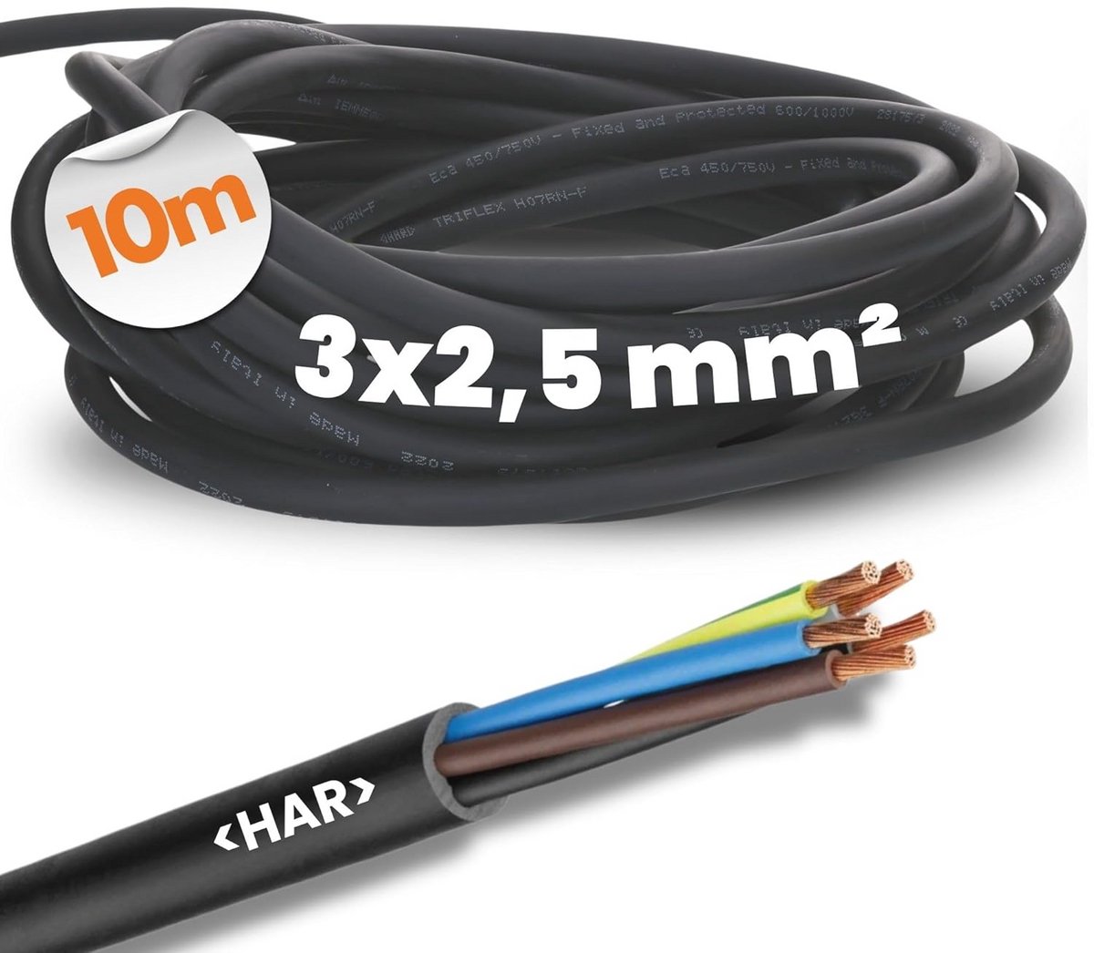 10 meter rubberen kabel 3x2,5mm² met beschermgeleider groen-geel voor buiten