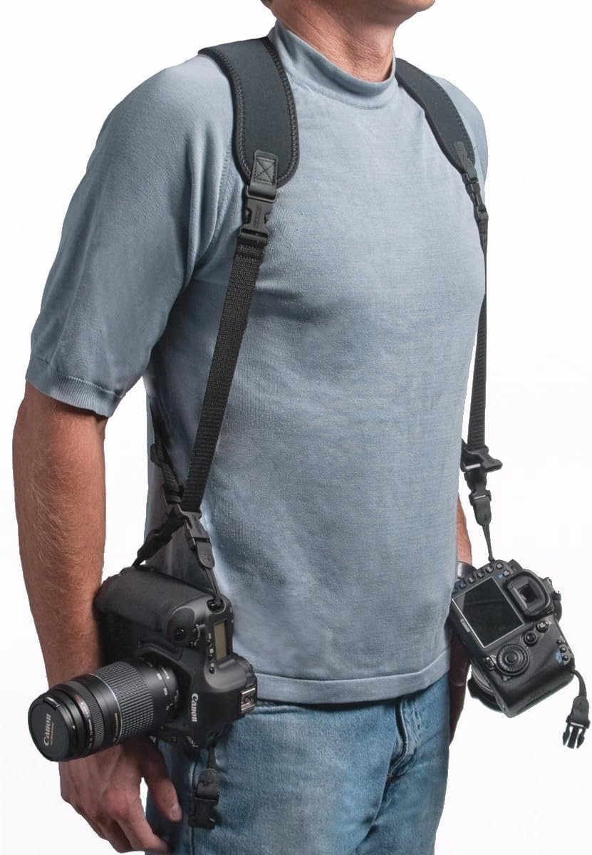 Dubbele Sling Camera-Houder voor 2 Camera's - Neopreen Zwart