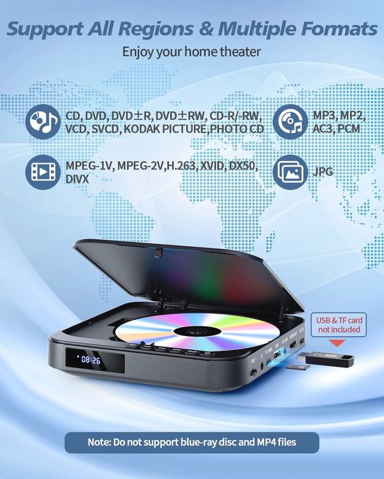 DESOBRY Mini DVD Player HDMI for TV 1080P Multi Region DVD Player with AV Output, USB/TF Card Input, Remote Control, Support PAL/NTSC — afbeelding 5