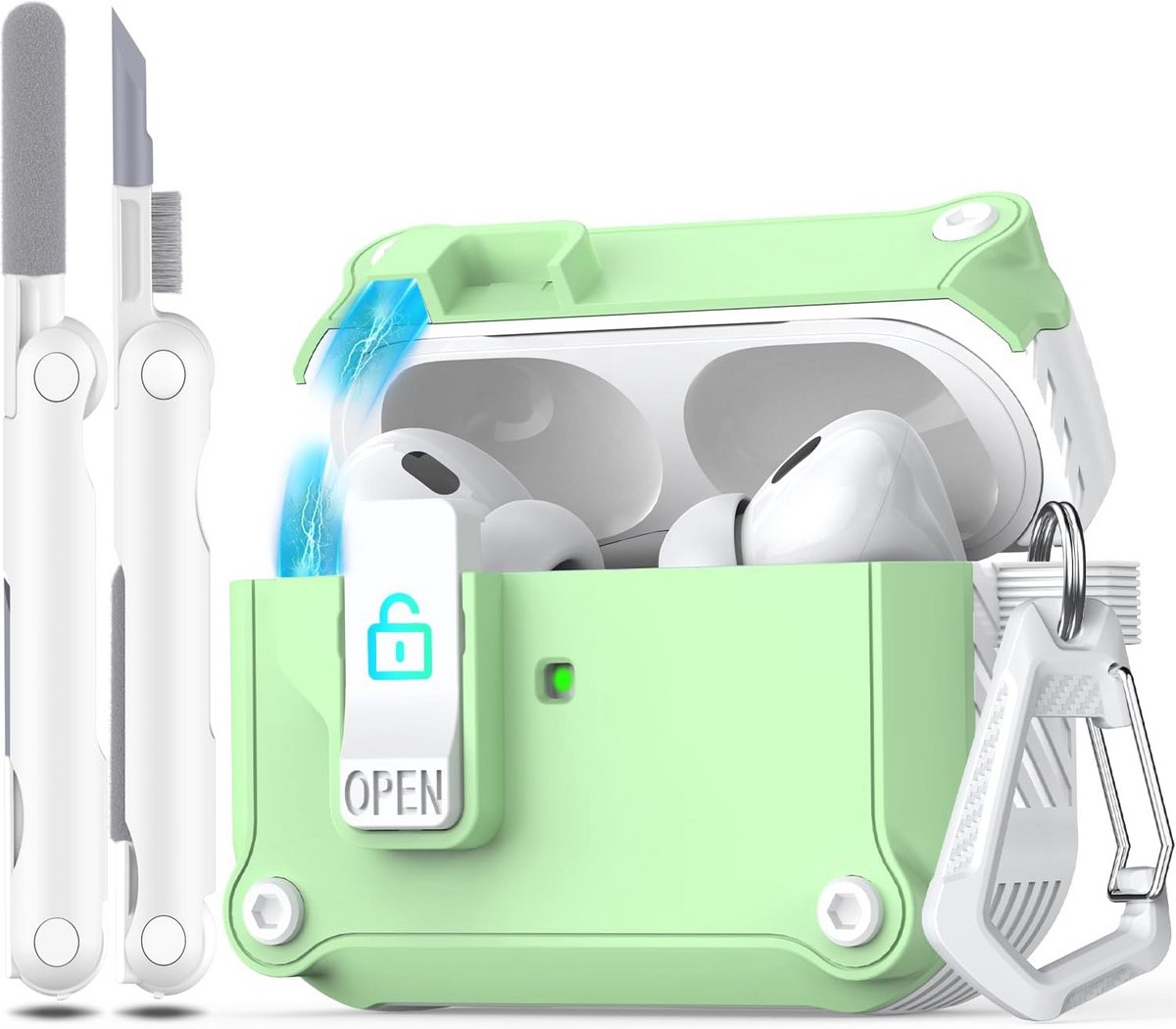 R-fun Compatibel met AirPods Pro 2 gen (auto pop-up cover) met reinigingsset, voor Airpods Pro 2/1 gen (2023/2022/2019), voor Airpods Pro hoesje (USB-C/Lightning),Wit/Avocado