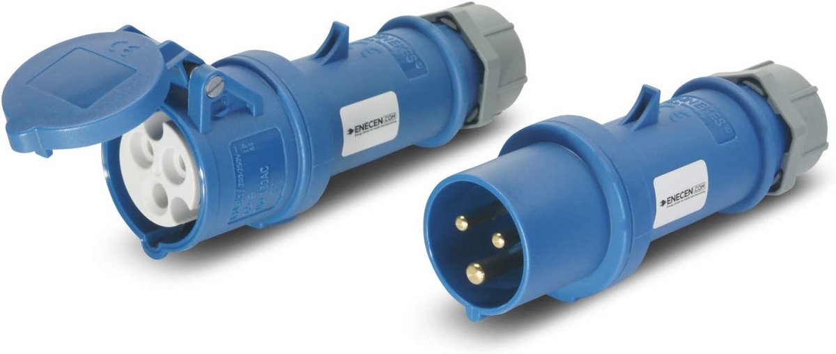 CEE Stekker- en Koppelingset 230V/16A - 3Polig, Blauw, IP44 voor Camping