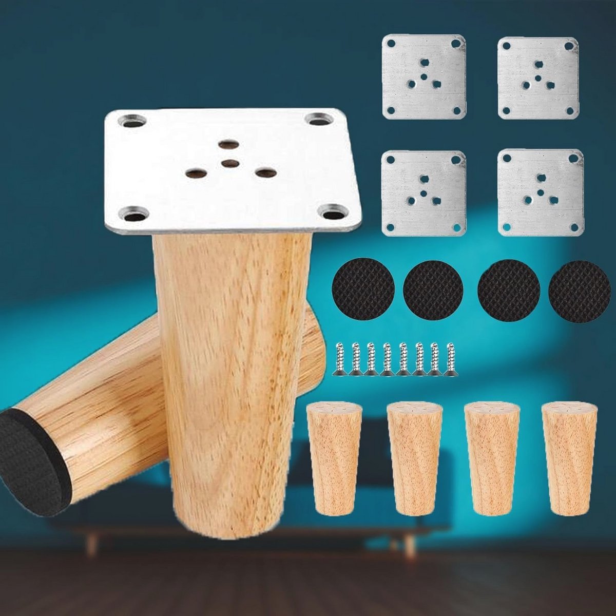 Set van 4 vervangende houten meubelpoten, 15 cm massief taps toelopend, voor meubels