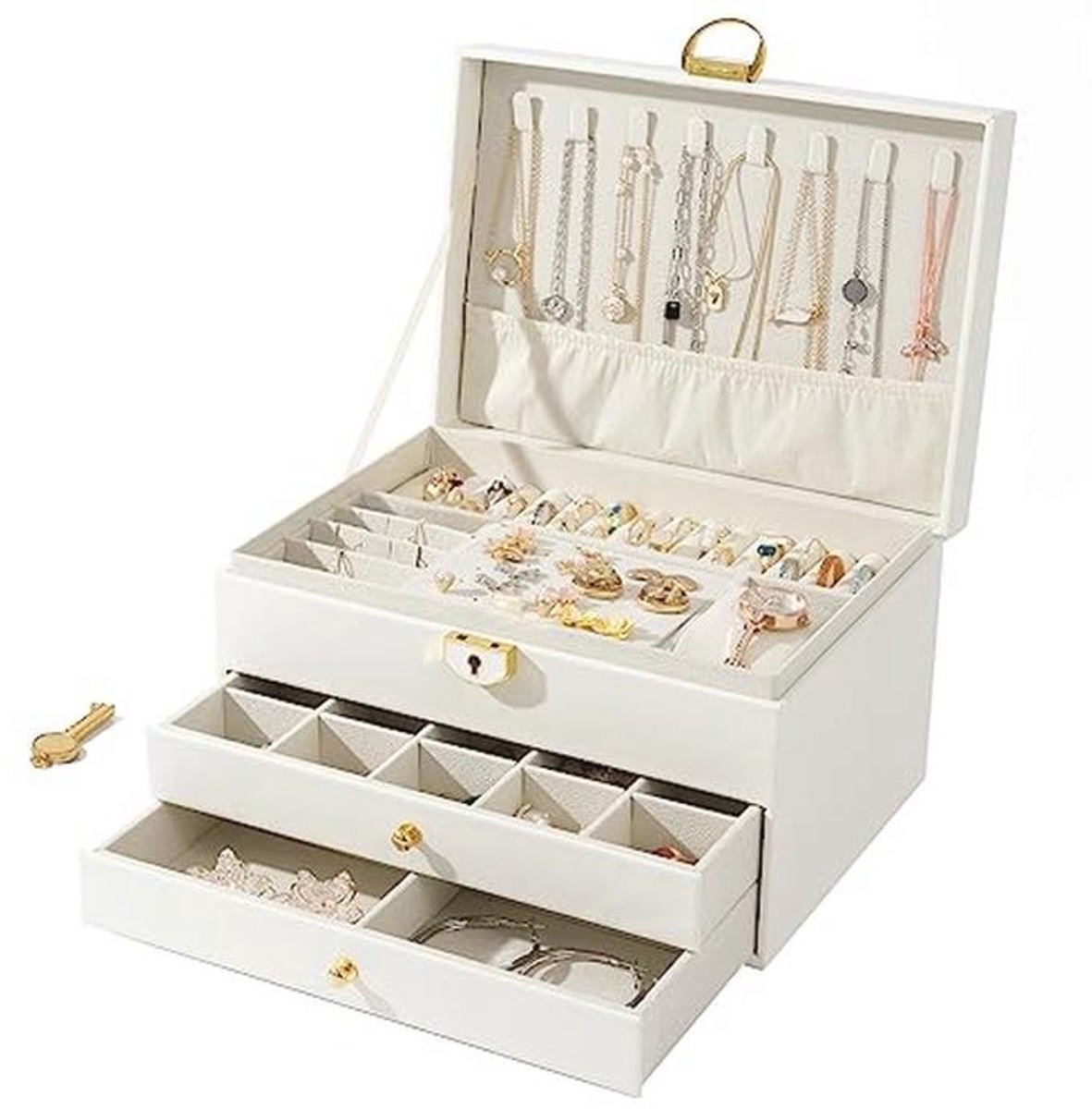 Sieradendoosje voor dames - Afneembaar en Drielaags voor Ringen, Oorbellen en Armbanden - Waterdicht Leer