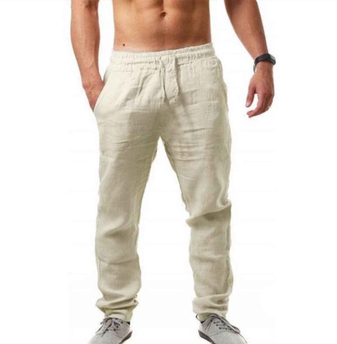Litthing Linnen herenbroek, katoen, casual zomerbroek met zakken, lichtgewicht, losse pasvorm, joggingbroek met trekkoord
