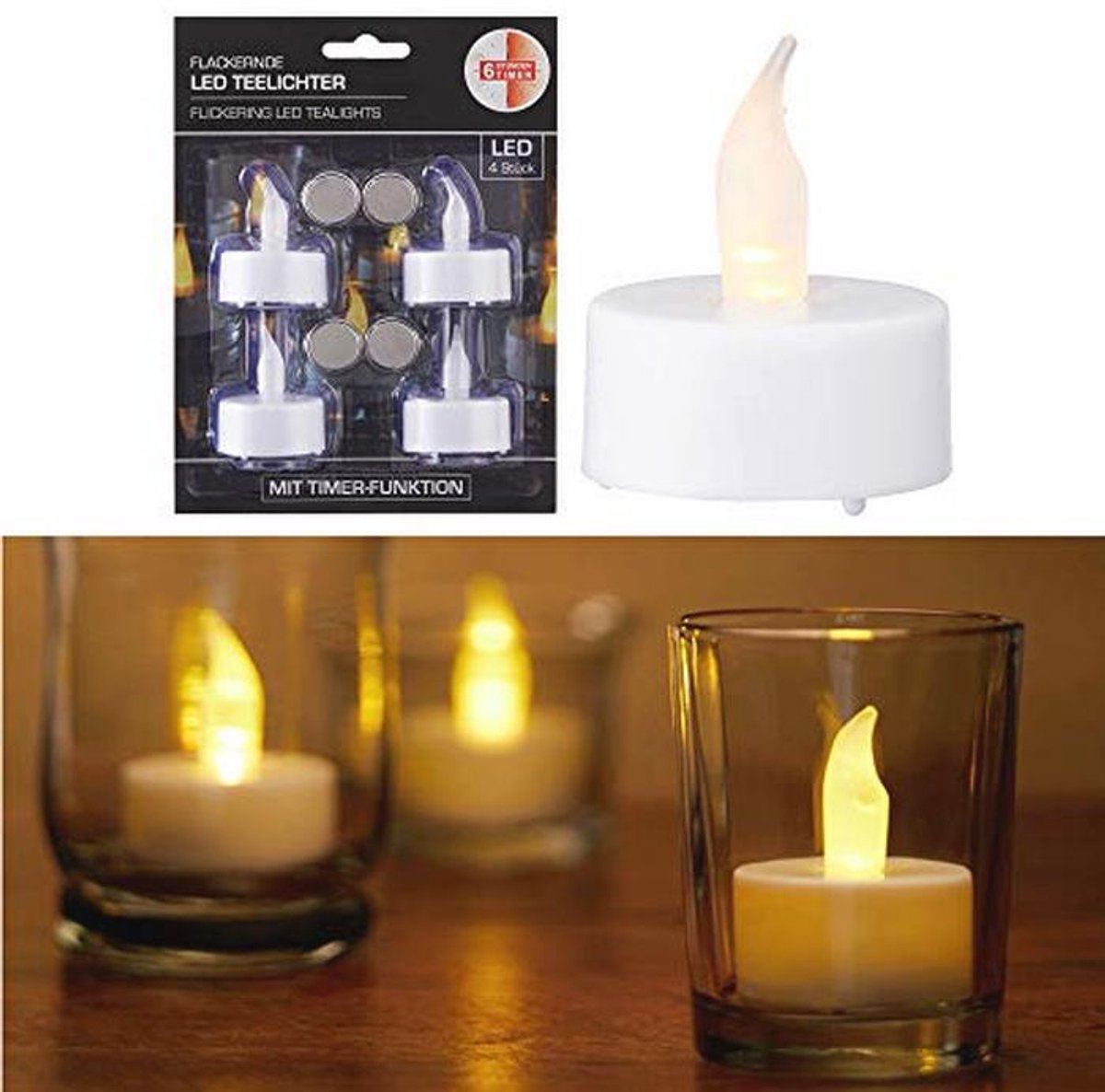LED theelicht set van 4 wit met timer warm wit kaarsen flikkerende theelichtjes