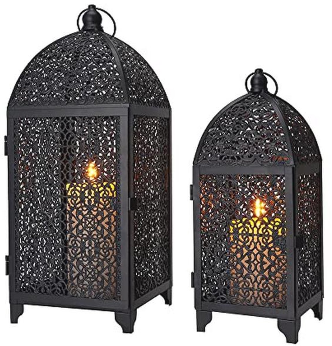 Set van 2 Vintage Decoratieve Kaarsenhouders - Hangende Lantaarn Metaal - 42 & 31 cm Hoog voor Woonkamer, Tuin en Feesten