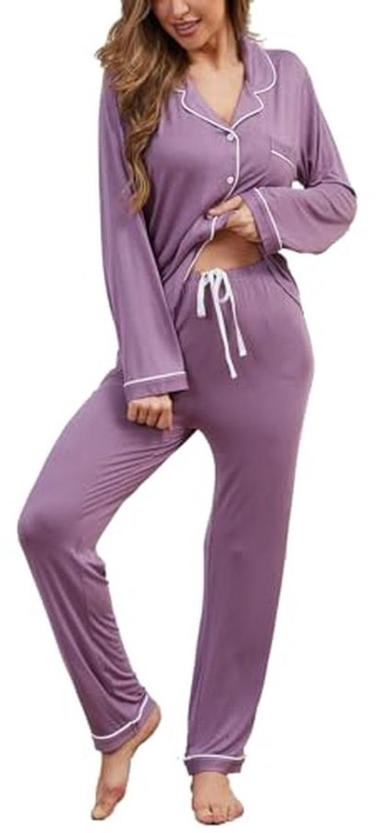 Dames Pyjama Set met Knoopsluiting en Lange Mouwen - Zachte Loungewear voor elke Gelegenheid