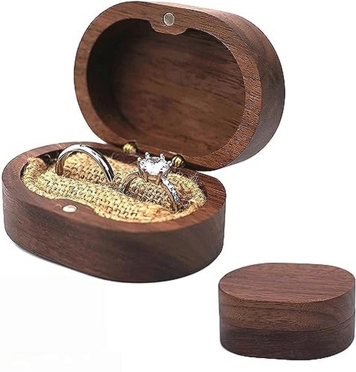 Houten ringendoos voor verlovingen en bruiloften - Ovale ringdoos in walnoot, perfecte geschenkidee