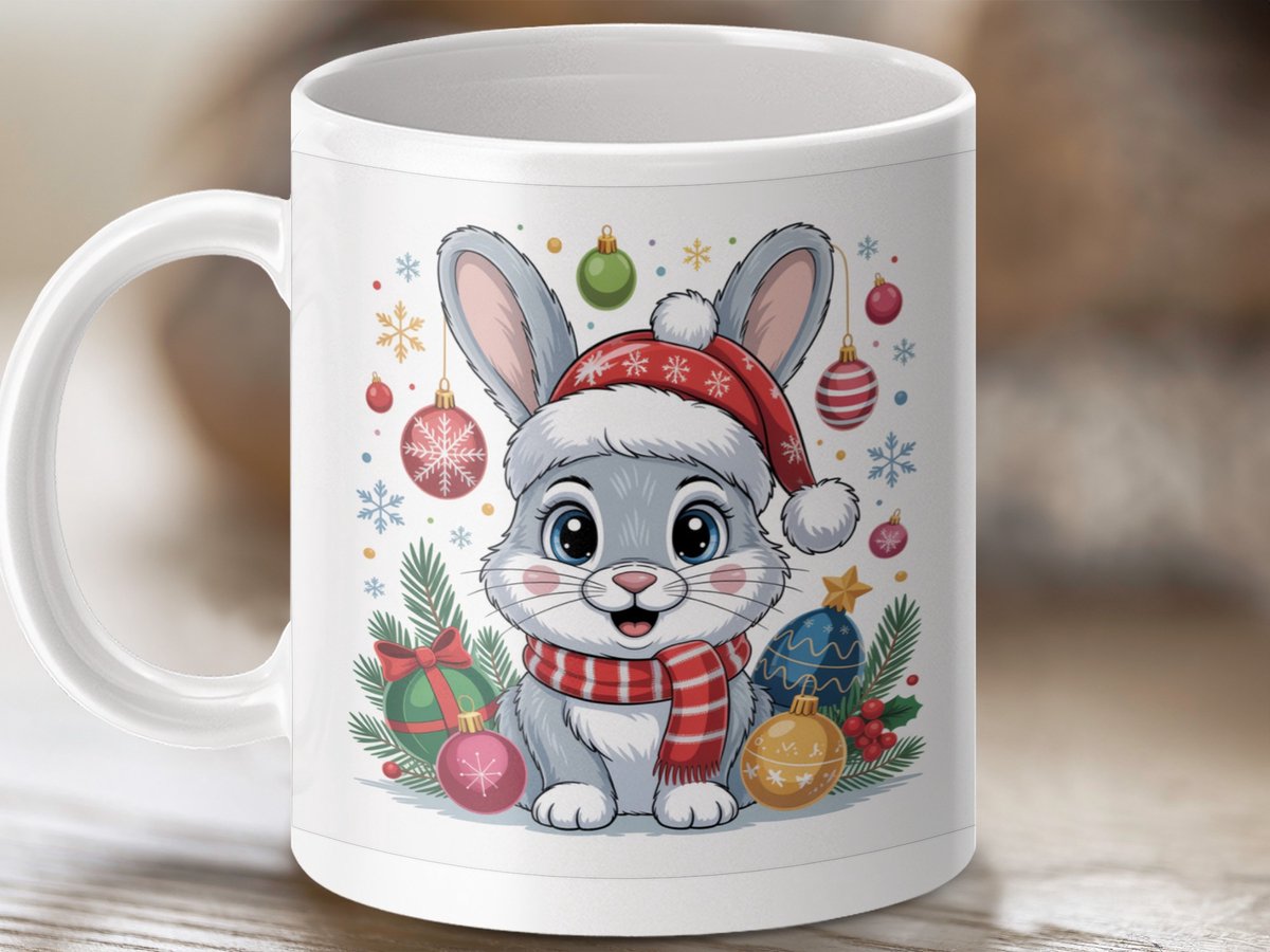 Mok Kerst Konijn Mok, feestdagen mok, Konijn met kerstmuts, kawaii mok, Cartoon Konijn, dieren mok, Kerstcadeau mok, koffie mok