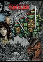 Titelpagina voor Teenage Mutant Ninja Turtles The Ultimate Collection Vol. 1. Toont de vier schildpadden met rode bandana's en wapens, April O'Neil, Splinter en Foot Soldiers in een stedelijke omgeving.
