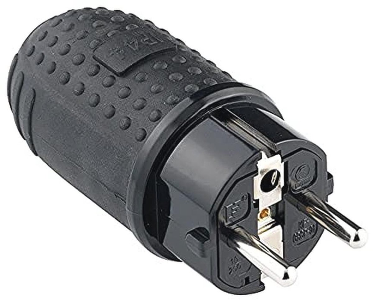 Uiterst veilige stekker 2P+T 16A 250V~ met IP44 spatwaterbescherming voor Duits en Frans gebruik