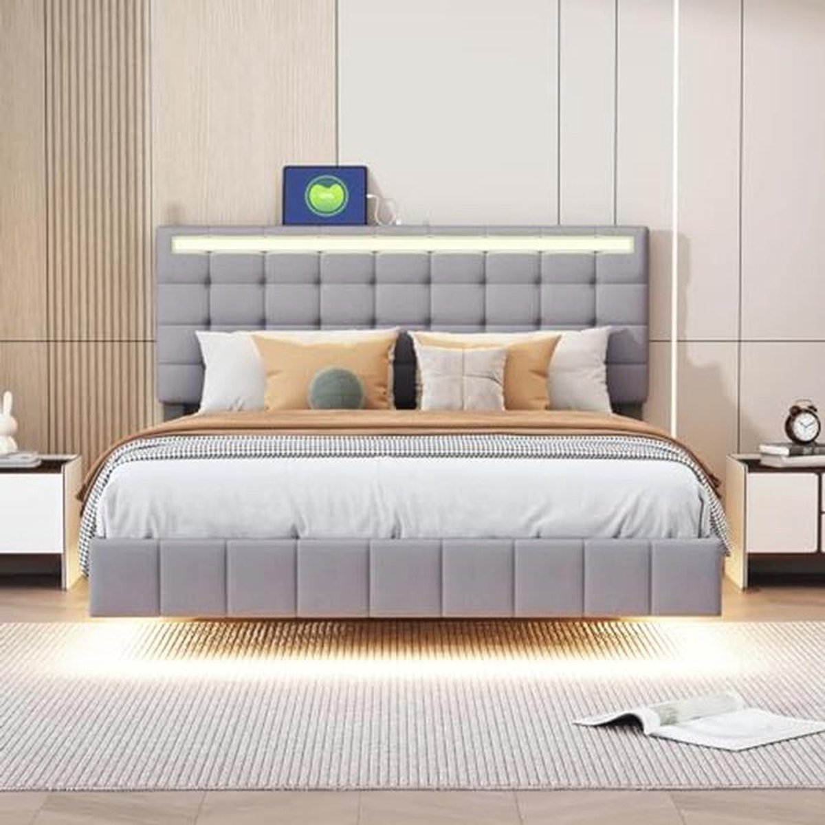 Gestoffeerd tweepersoonsbed met ledverlichting en USB-poorten - Modern en Comfortabel bedframe