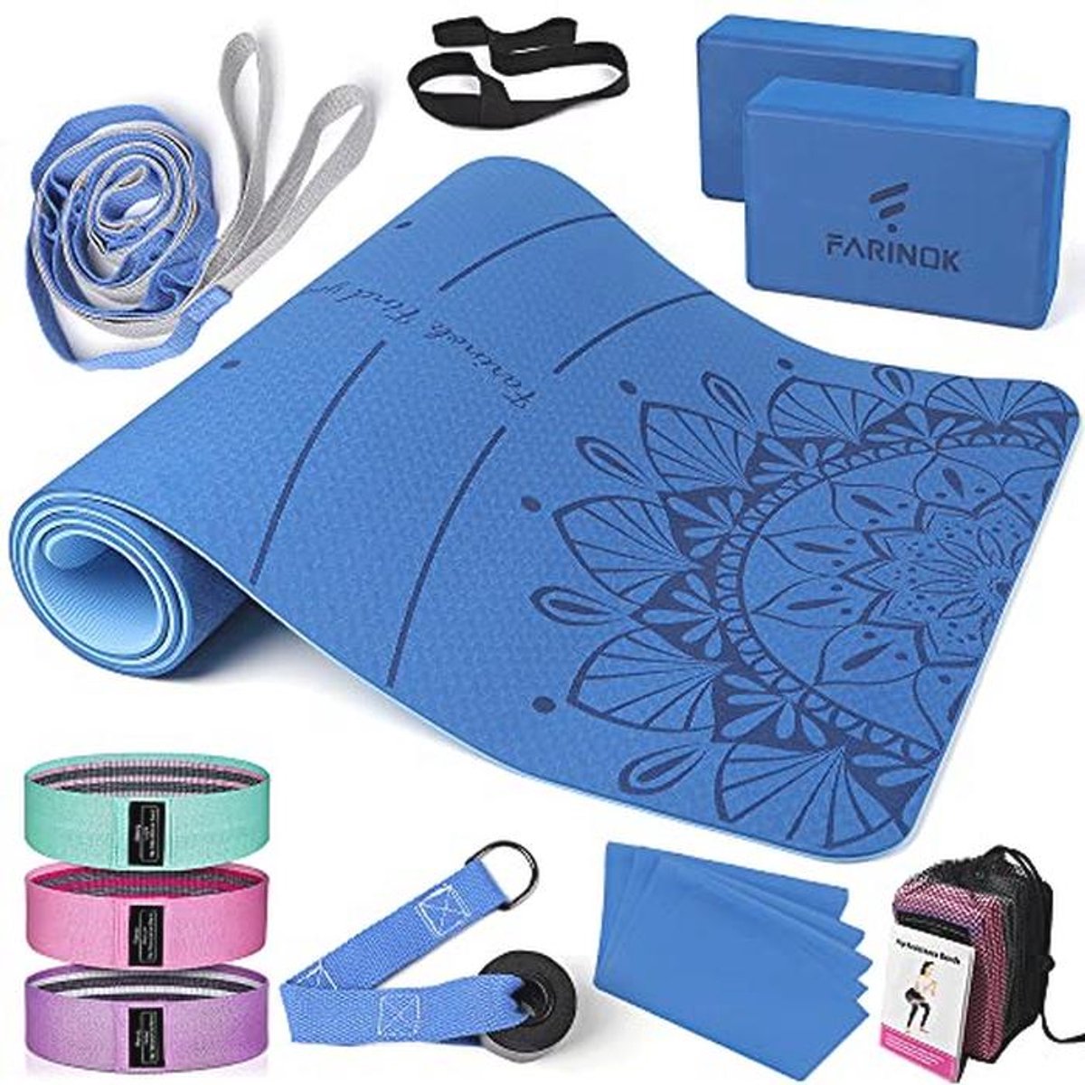 Dikke Yogamat Set voor Beginners met Yogablokken, Weerstandsbanden en Accessoires