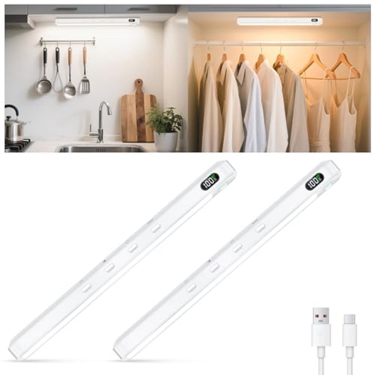 Led-kastverlichting met bewegingsmelder | Oplaadbaar en Dimbaar | 2 Stuks voor Keuken, Kledingkast en Slaapkamer