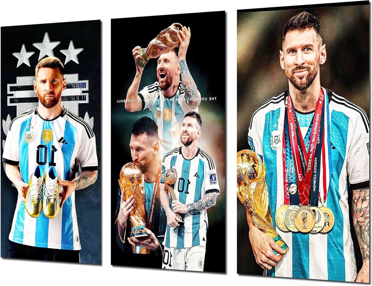 Provento - Set van 3 posters voor woonkamer en slaapkamer - Modern design - Voetbal Thema - Messi - Argentinië - Afmetingen: 97 x 62 cm.