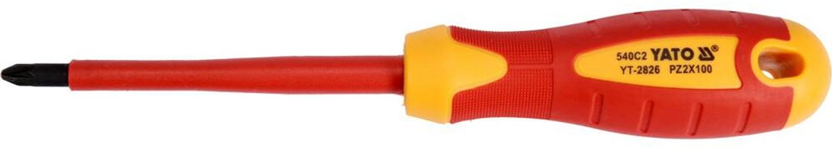 YATO YT-2826 VDE Geïsoleerde Kruiskopschroevendraaier - PZ2 x 100 mm - 1000V Gecertificeerd (EN 60900) - S2 Staal (HRC 56-60) - Antislip Ergonomische Handgreep - Elektriciens Schroevendraaier Pozidriv
