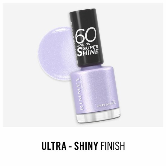 Rimmel London nagellakflesje met paarse glitters, 153 Under The Palms, en een stip paarse lak.