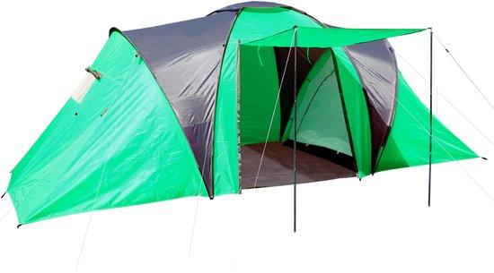 Ruime groene koepeltent met donkergrijze dak en zijwanden, met een uitbouw met palen.