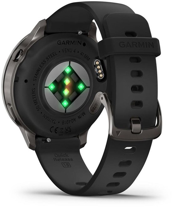 Onderkant van een grijze Garmin Venu smartwatch. De hartslagsensor is zichtbaar en de tekst 'STAINLESS STEEL' staat erop.