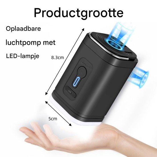 QTTVBTNA - Elektrische Opblaaspomp - 2-in-1 LED Campinglamp - 2400 mAh - Oplaadbare elektrische pomp - Voor luchtbed, opblaasbaar zwembad, zwemring, vacuüm opbergzak - Zwart - 5x5x8,3cm - 1 stuk van QTTVBTNA — afbeelding 2