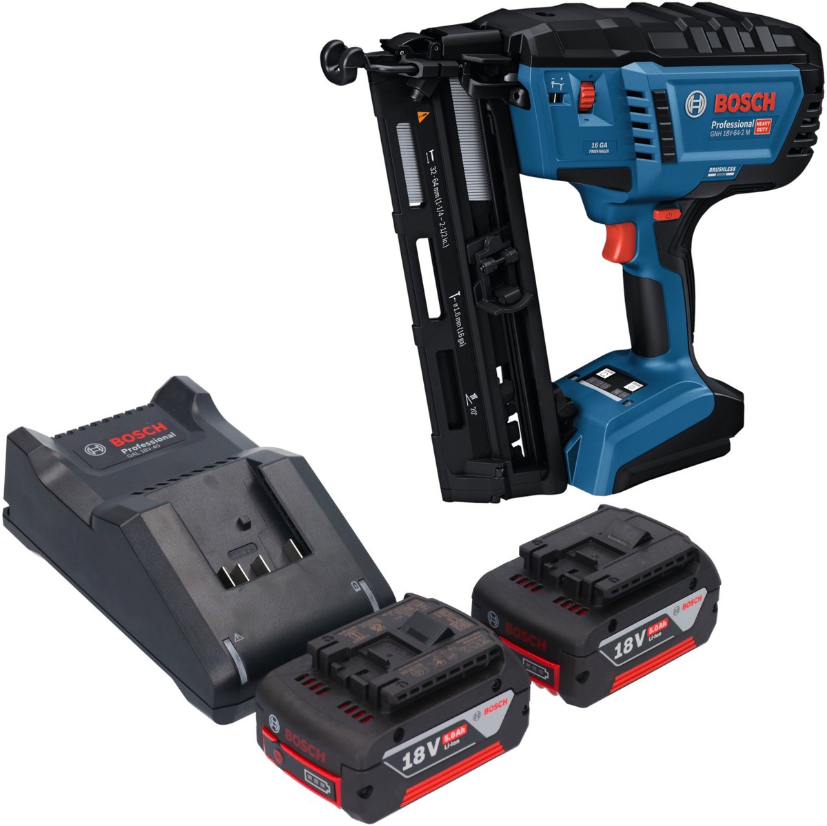 Bosch GNH 18V-64-2 M Professional accu-houtspijkermachine 18 V 1,6 x 32 - 64 mm + 2x accu 5,0 Ah + oplader