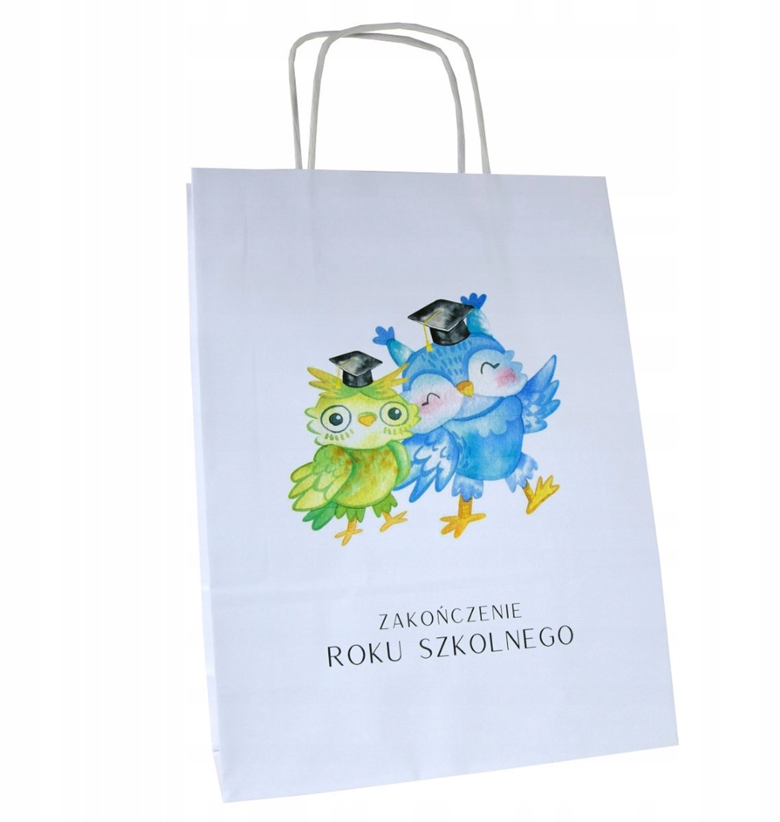 Papieren cadeauzakje met uilprint voor schoolafsluiting, 24x10x32cm