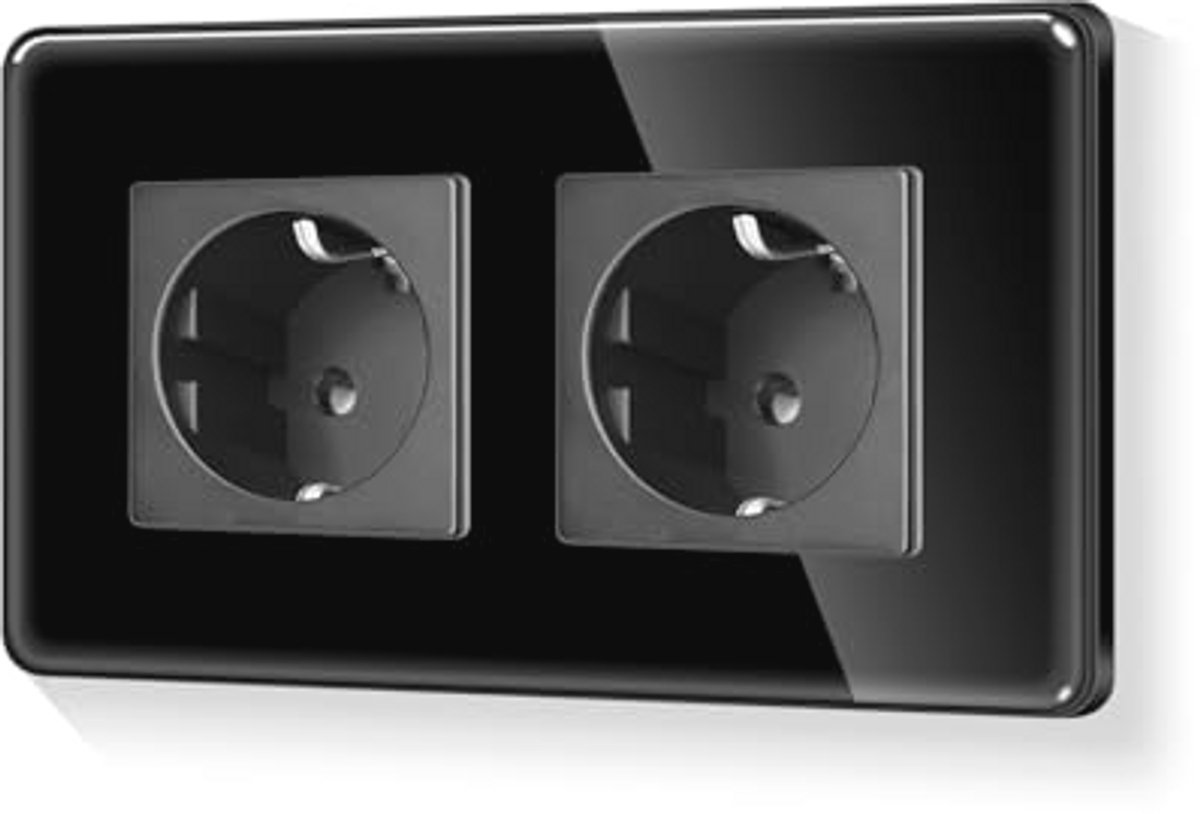 Rond Inbouw Schuko-stopcontact met Glazen Frame - 2-voudig, Zwart, 16 Ampère, 110-250 V