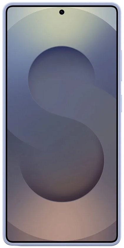 Voorzijde lichtblauwe Samsung telefoon met abstracte achtergrond op het scherm.